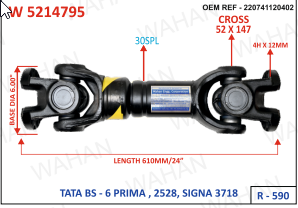 R-590 - INTER-AXLE PROP. SHAFT  30-TEETH - XS-DESIGN - 52-147  Lz-610.MM-DIA-150- 31.18-LPK